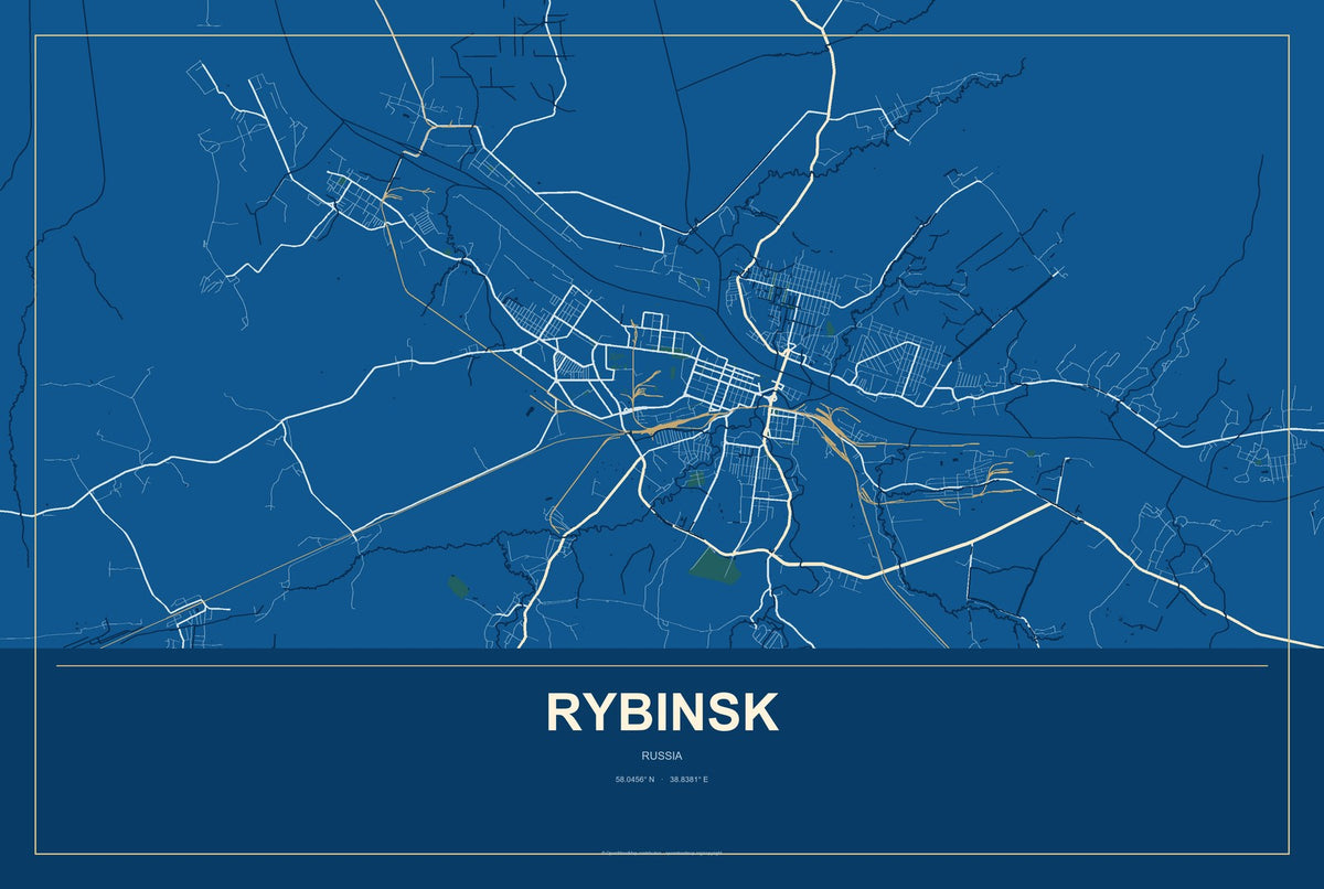 Rybinsk, Russia City Map Aluminum Sign in Harbor Cobalt style
