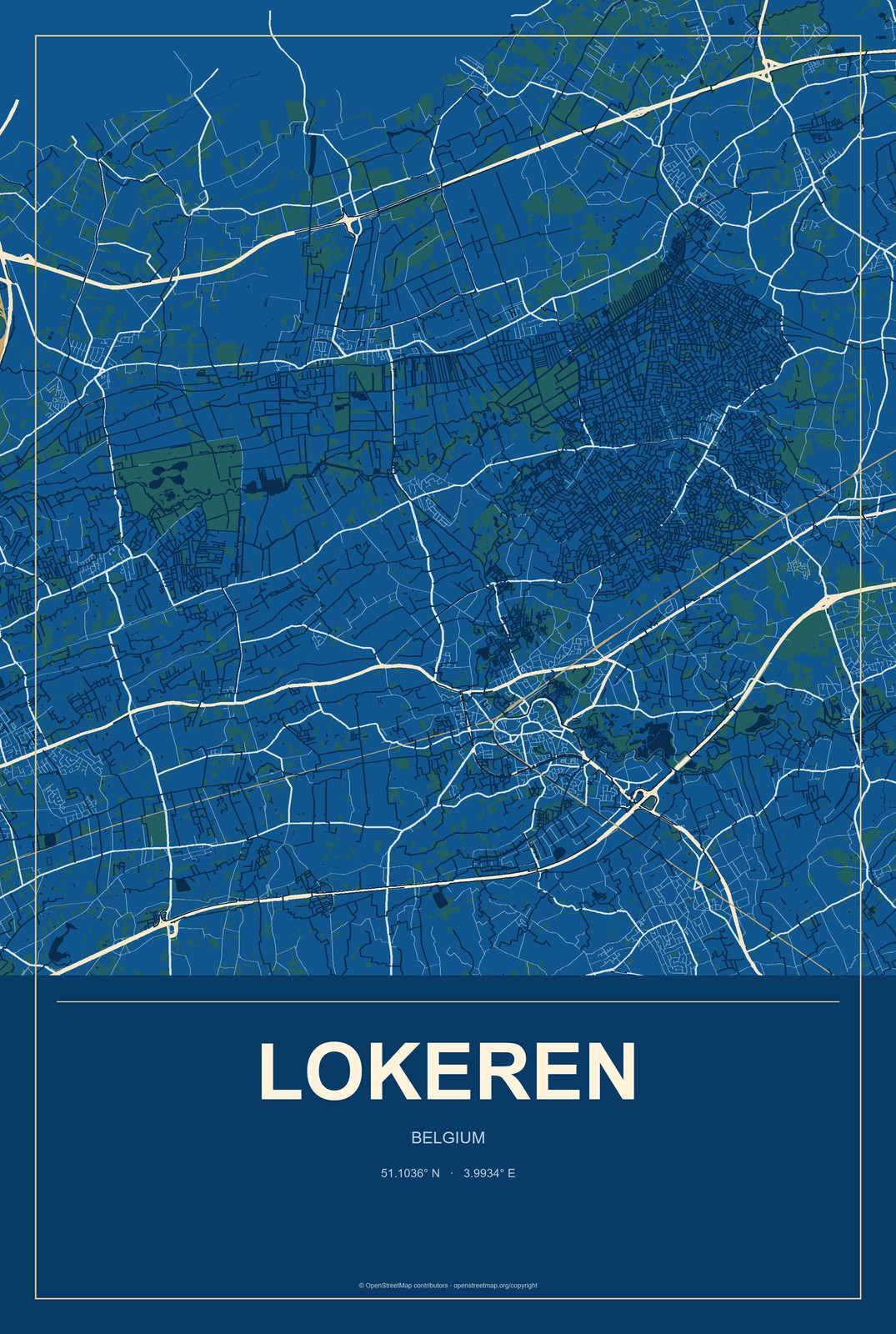 Lokeren, Belgium City Map Aluminum Sign in Harbor Cobalt style