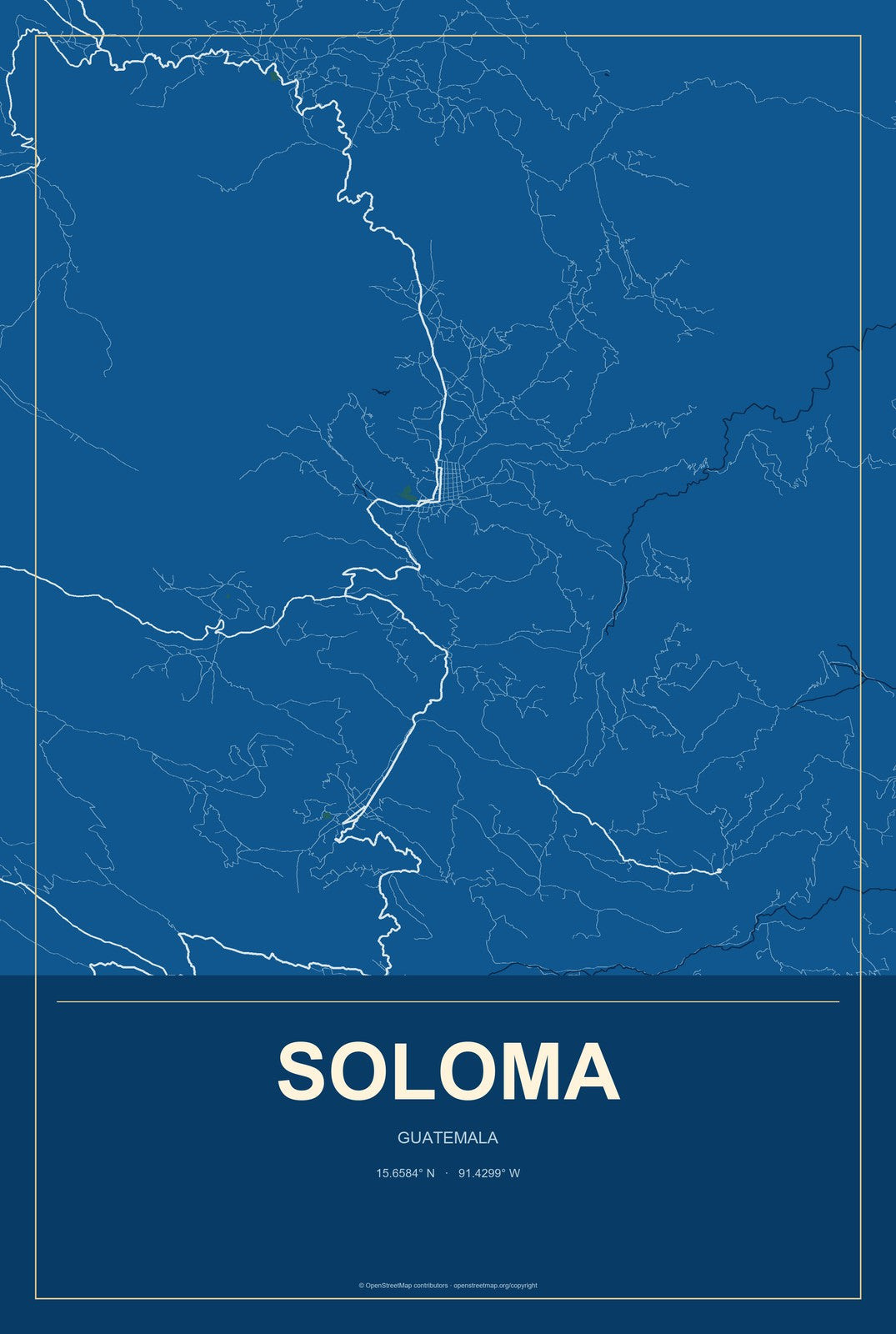 Soloma, Guatemala City Map Aluminum Sign in Harbor Cobalt style