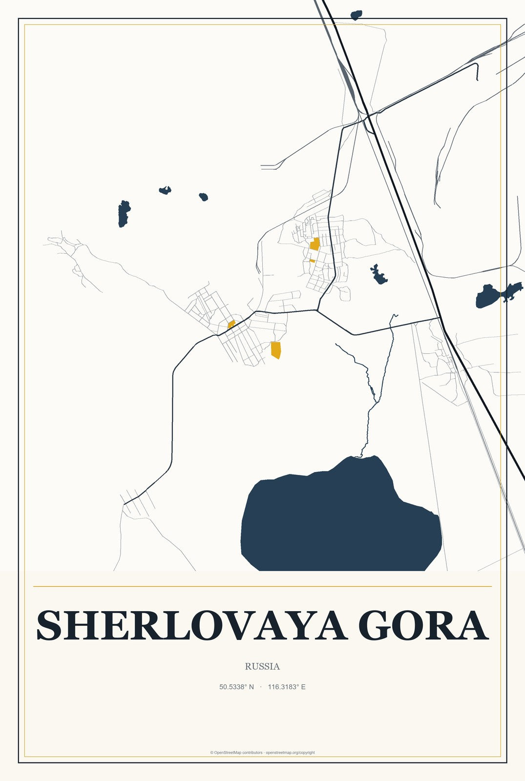 Sherlovaya Gora, Russia City Map Aluminum Sign in Citrine Modern style
