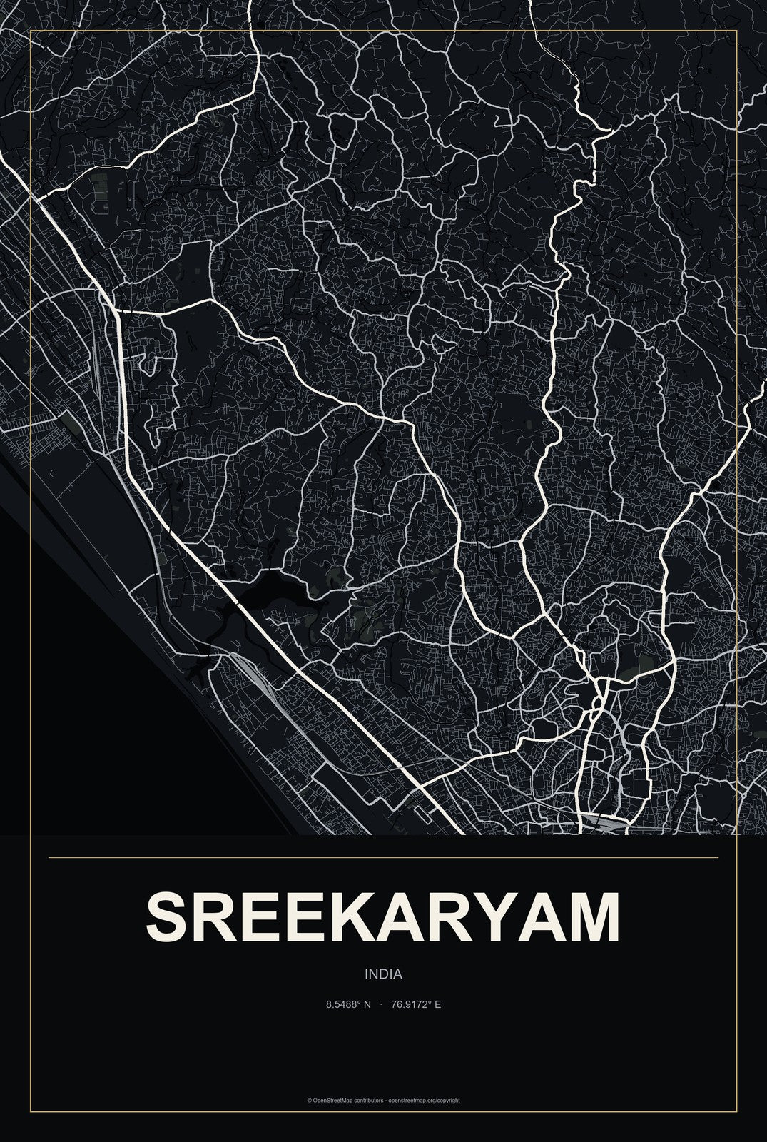 Sreekaryam, India City Map Aluminum Sign in Metropolitan Noir style