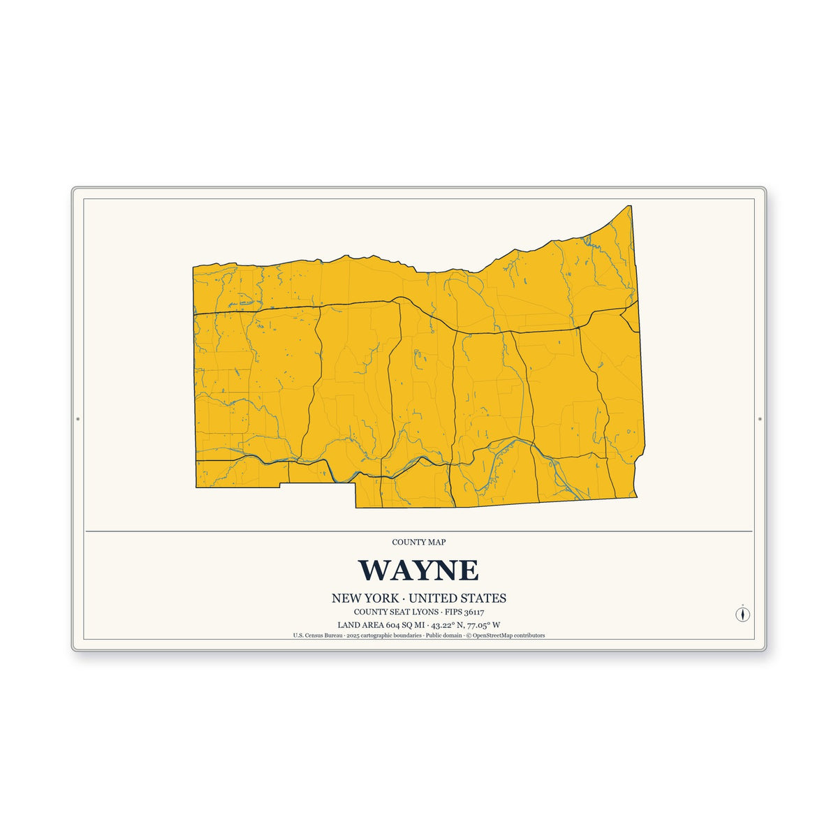 Wayne County, New York Map Aluminum Sign in Citrine Modern style