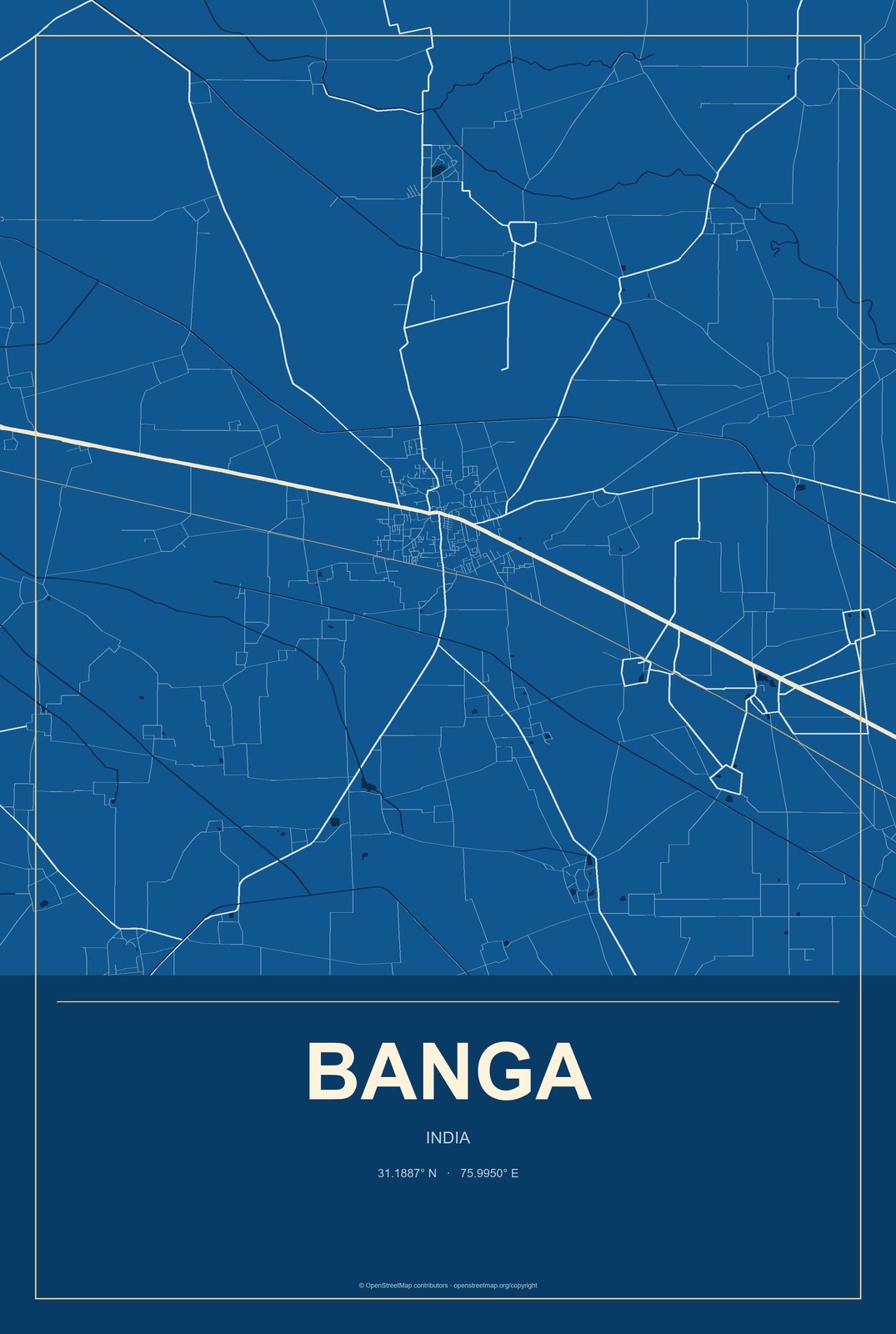 Banga, India City Map Aluminum Sign in Harbor Cobalt style