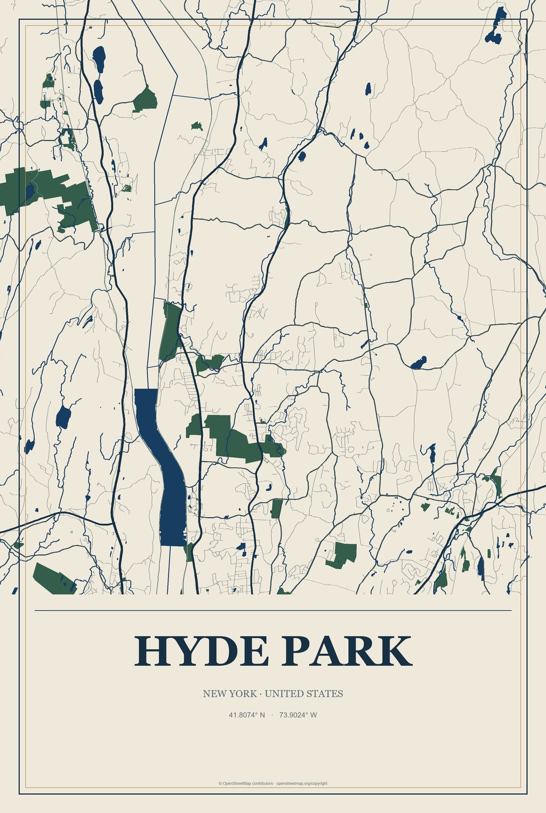 Hyde Park, New York City Map Aluminum Sign in Coastal Cutout style