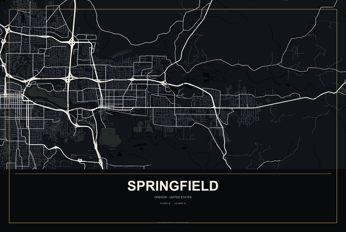 Springfield, Oregon City Map Aluminum Sign in Metropolitan Noir style