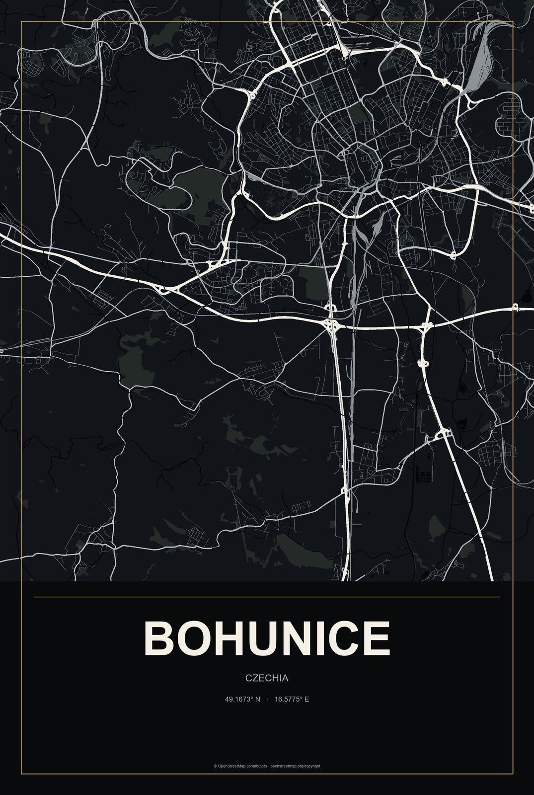 Bohunice, Czechia City Map Aluminum Sign in Metropolitan Noir style