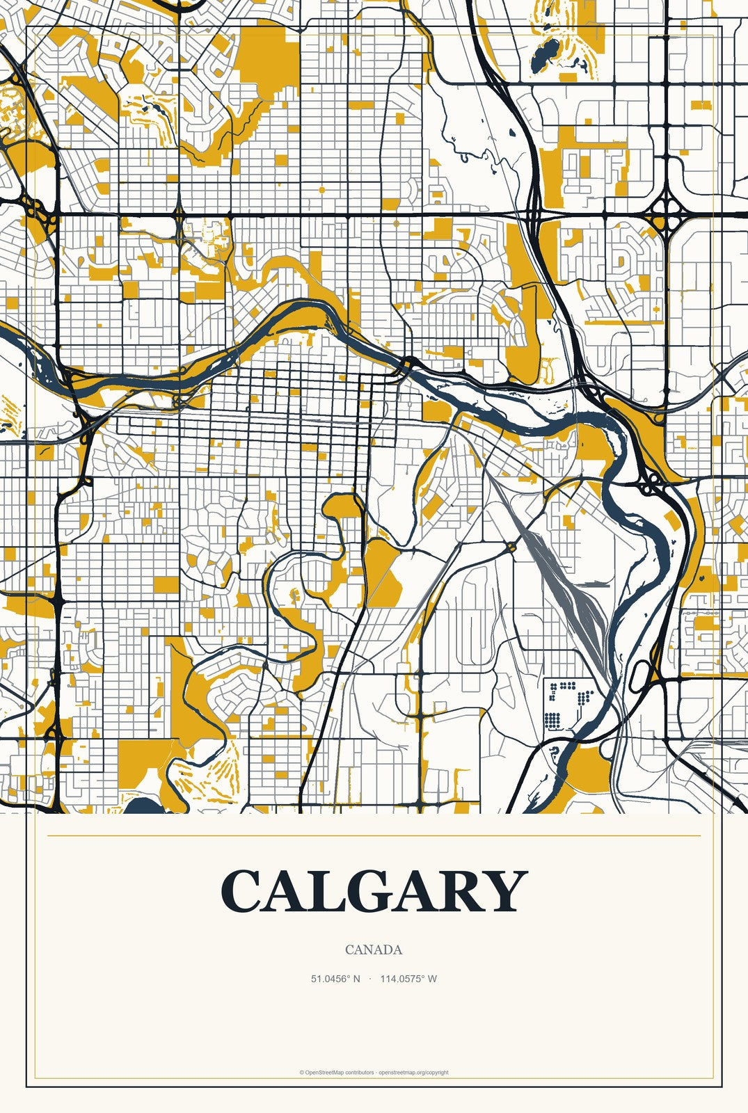 Calgary, Canada City Map Aluminum Sign in Citrine Modern style