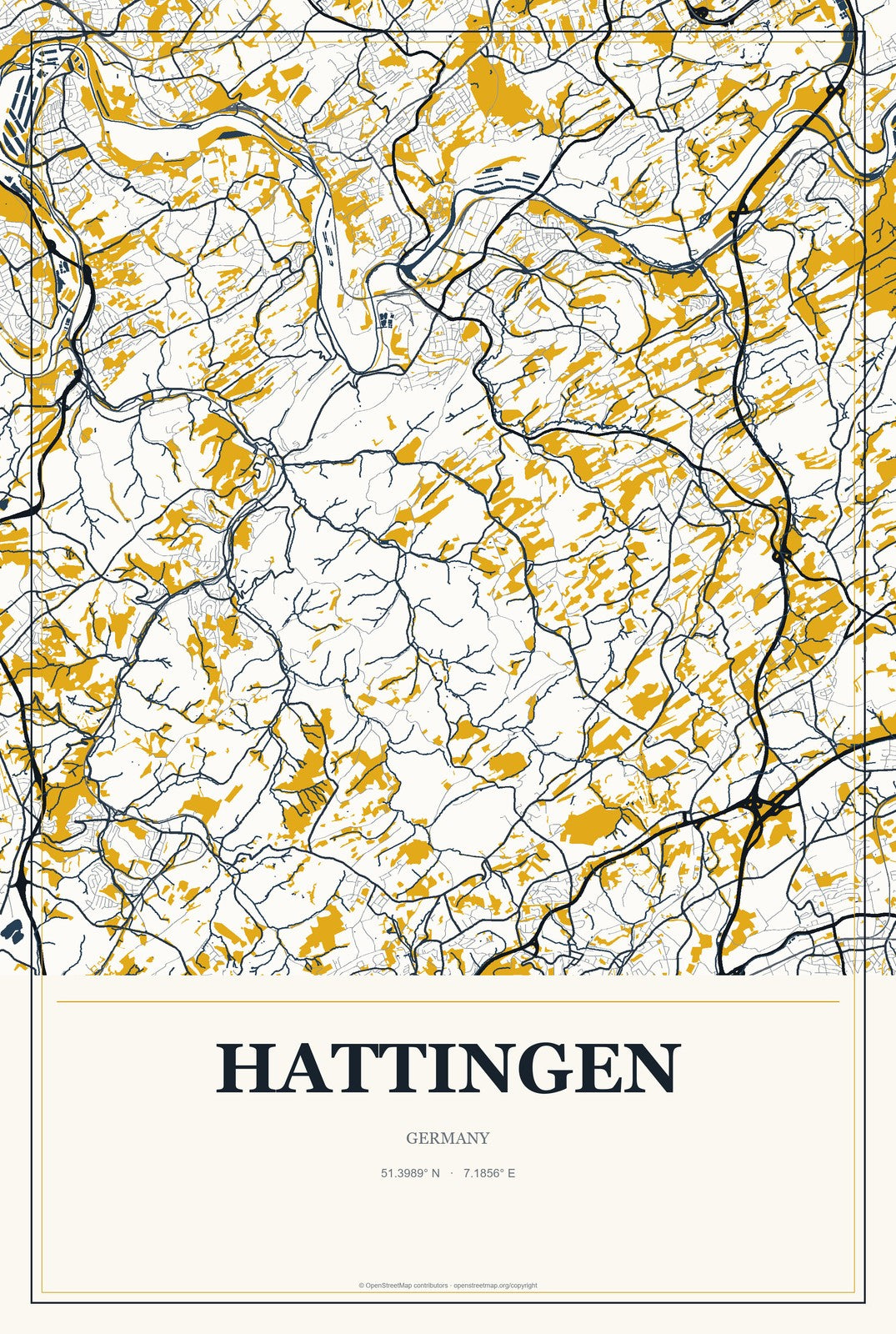 Hattingen, Germany City Map Aluminum Sign in Citrine Modern style