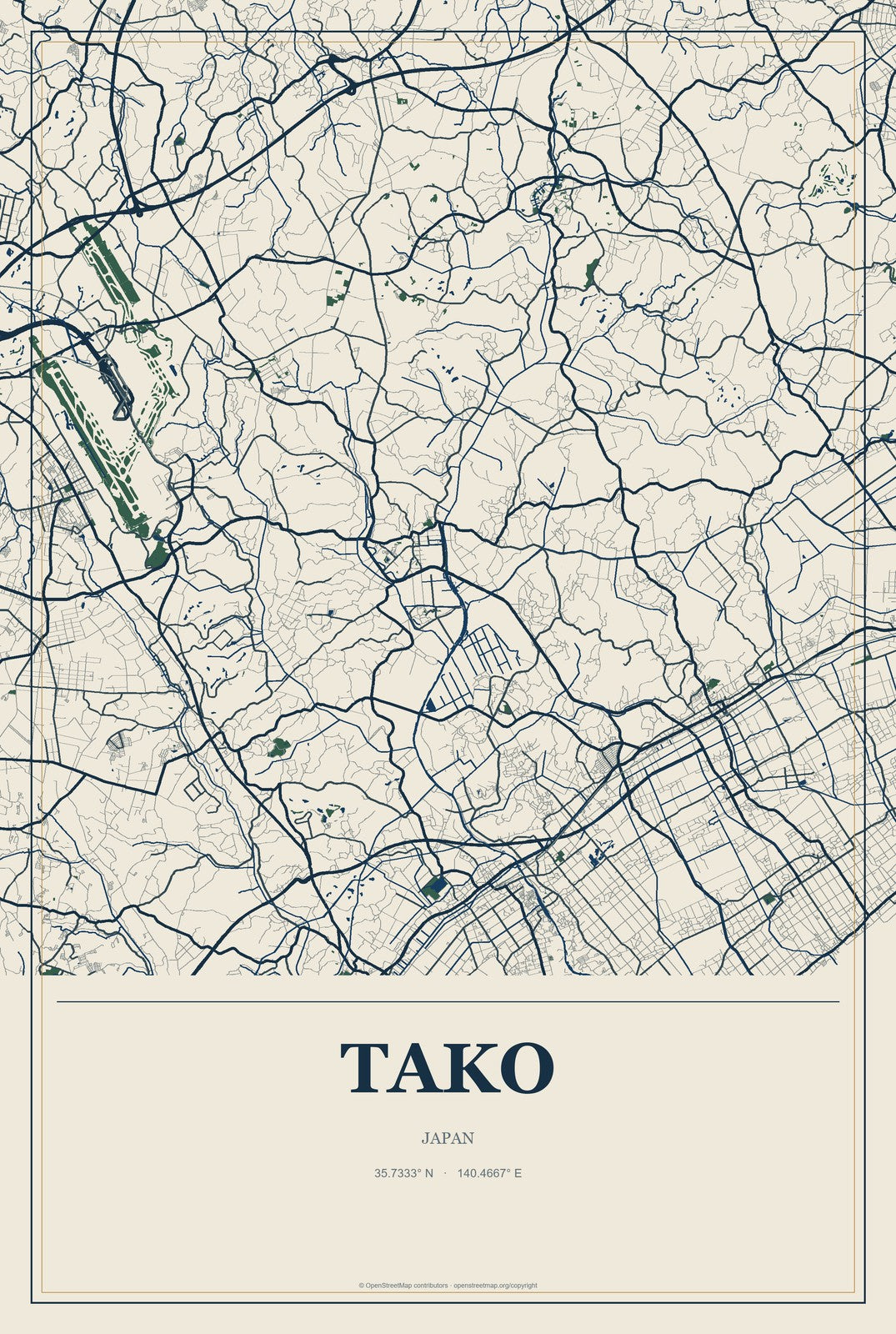 Tako, Japan City Map Aluminum Sign in Coastal Cutout style