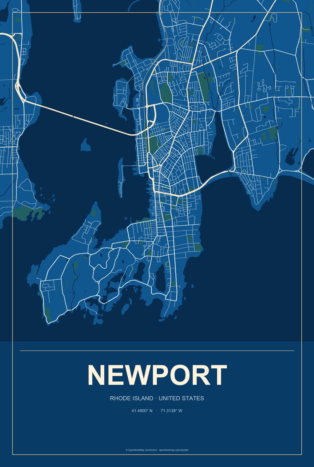 Newport, Rhode Island City Map Aluminum Sign in Harbor Cobalt style