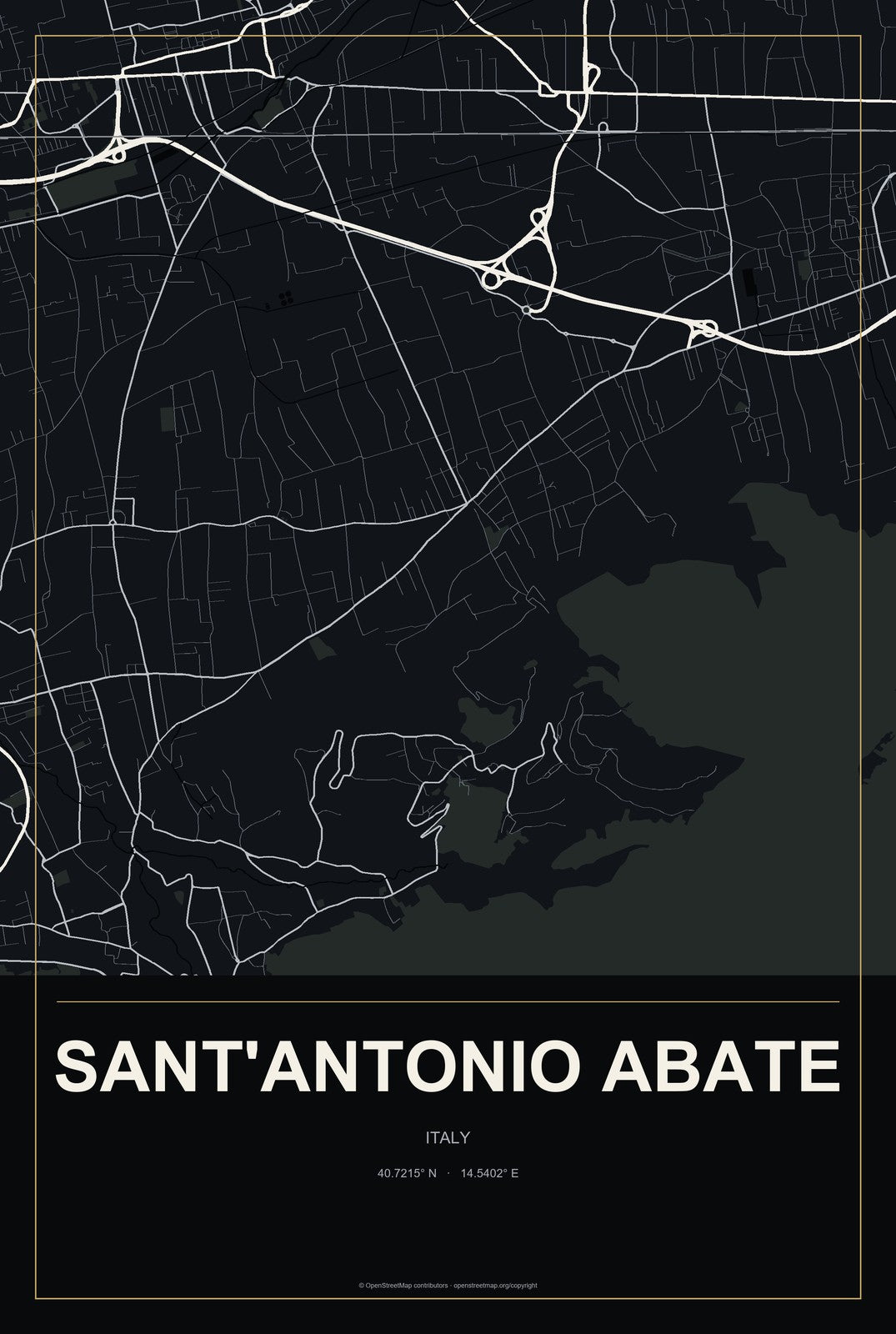Sant'Antonio Abate, Italy City Map Aluminum Sign in Metropolitan Noir style