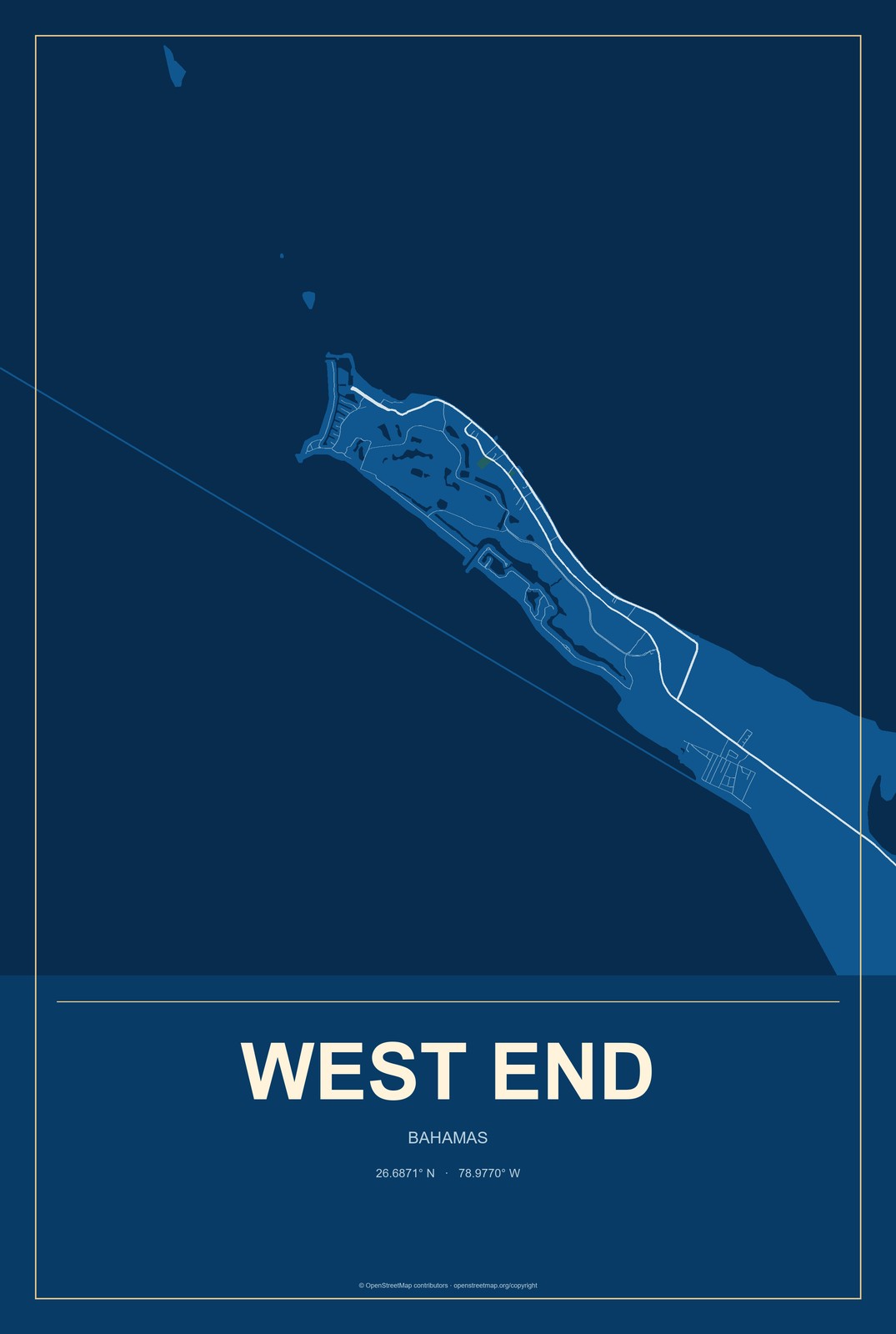 West End, Bahamas City Map Aluminum Sign in Harbor Cobalt style