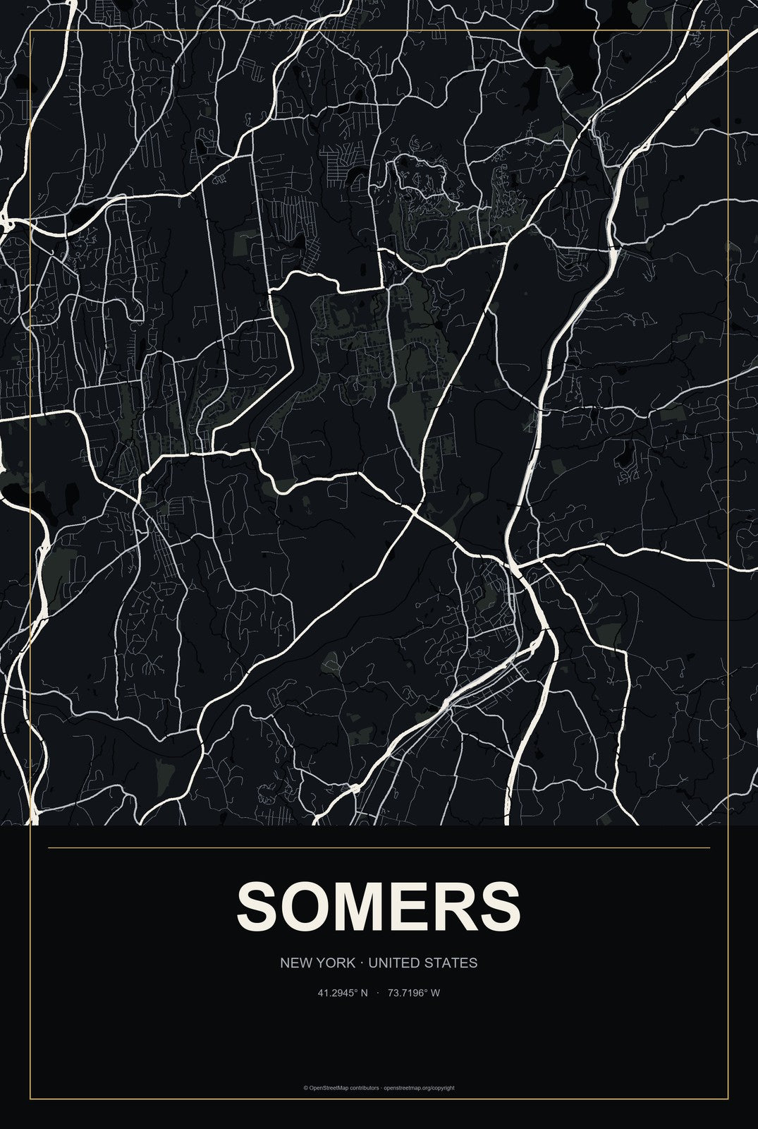 Somers, New York City Map Aluminum Sign in Metropolitan Noir style