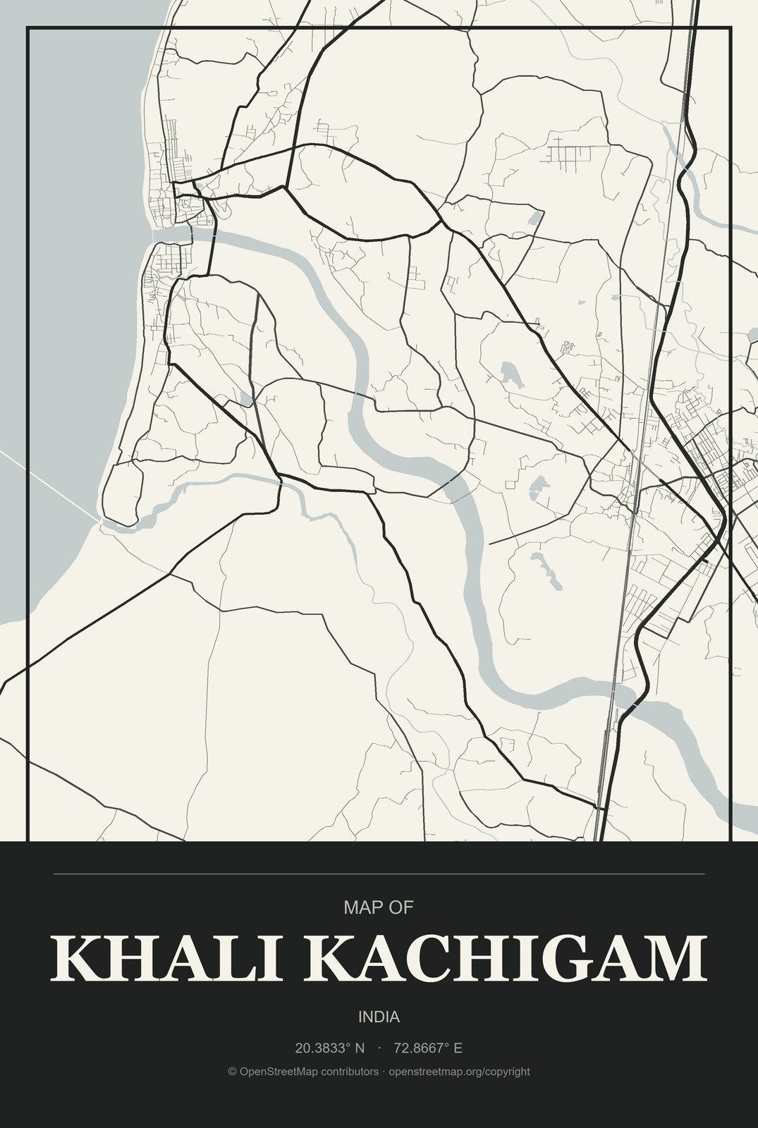 Khali Kachigam, India City Map Aluminum Sign in Museum Plaque style