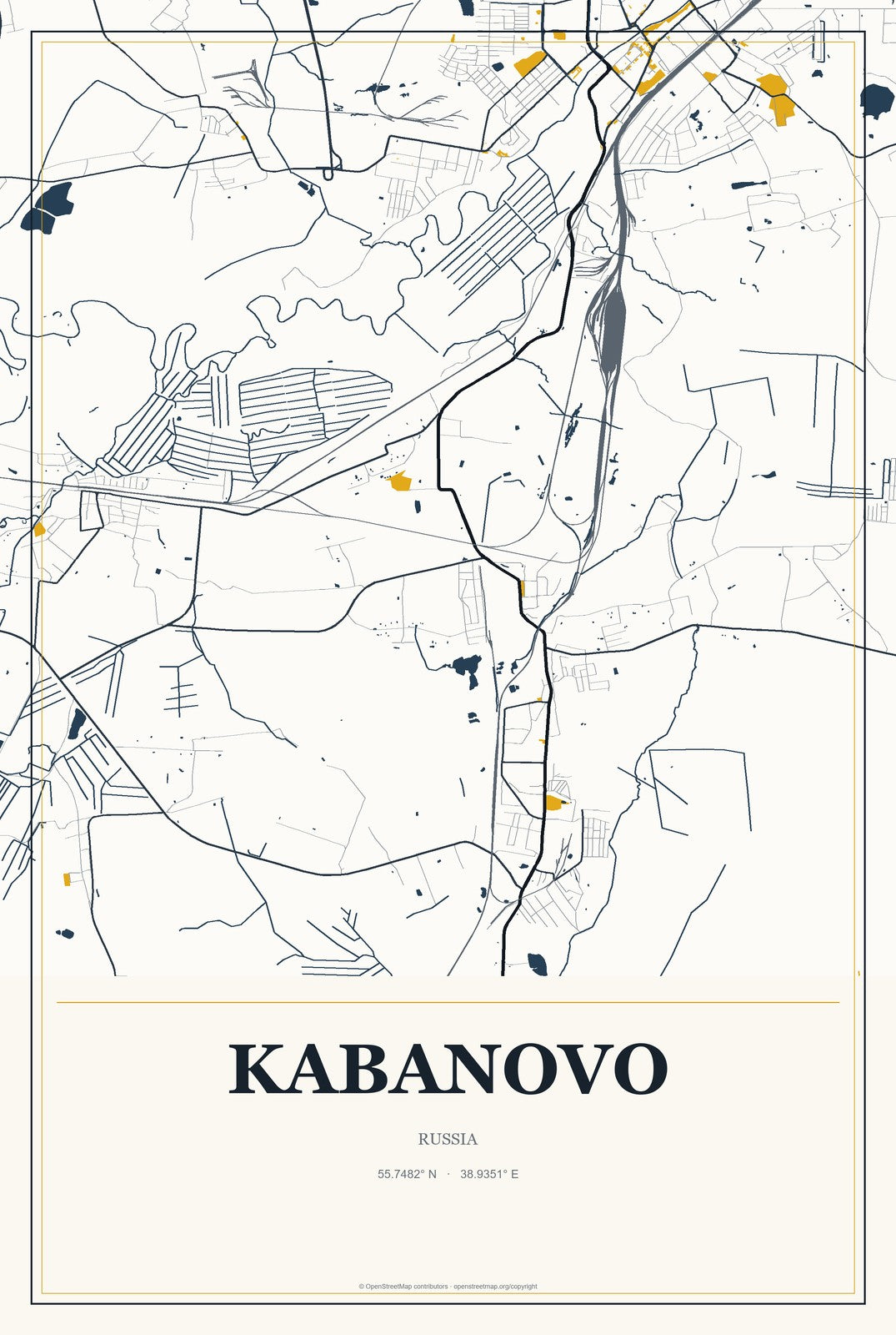 Kabanovo, Russia City Map Aluminum Sign in Citrine Modern style