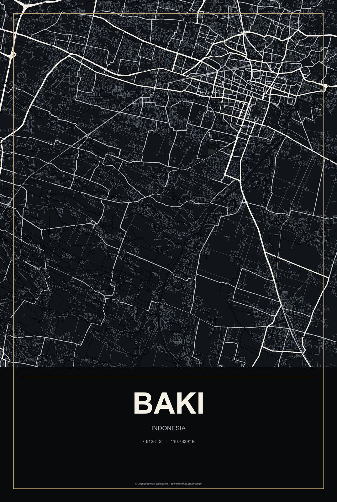 Baki, Indonesia City Map Aluminum Sign in Metropolitan Noir style