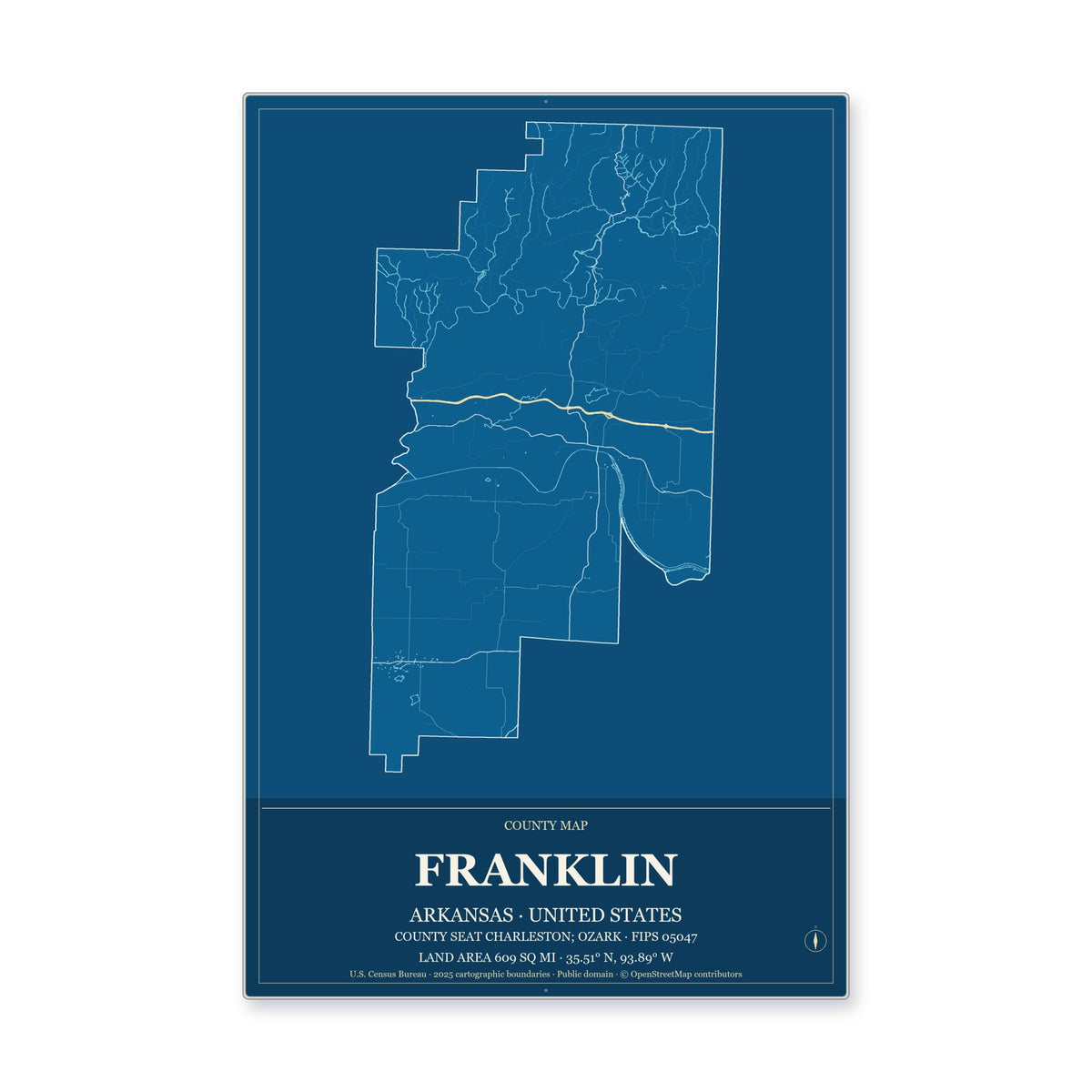 Franklin County, Arkansas Map Aluminum Sign in Harbor Cobalt style