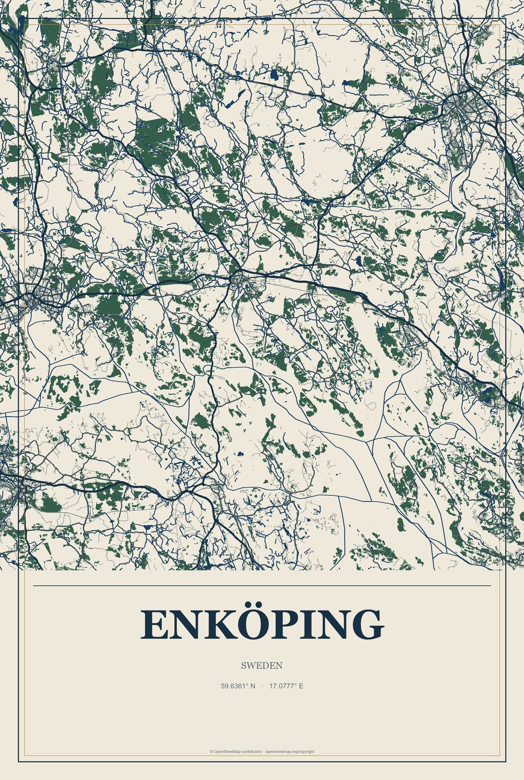 Enköping, Sweden City Map Aluminum Sign in Coastal Cutout style