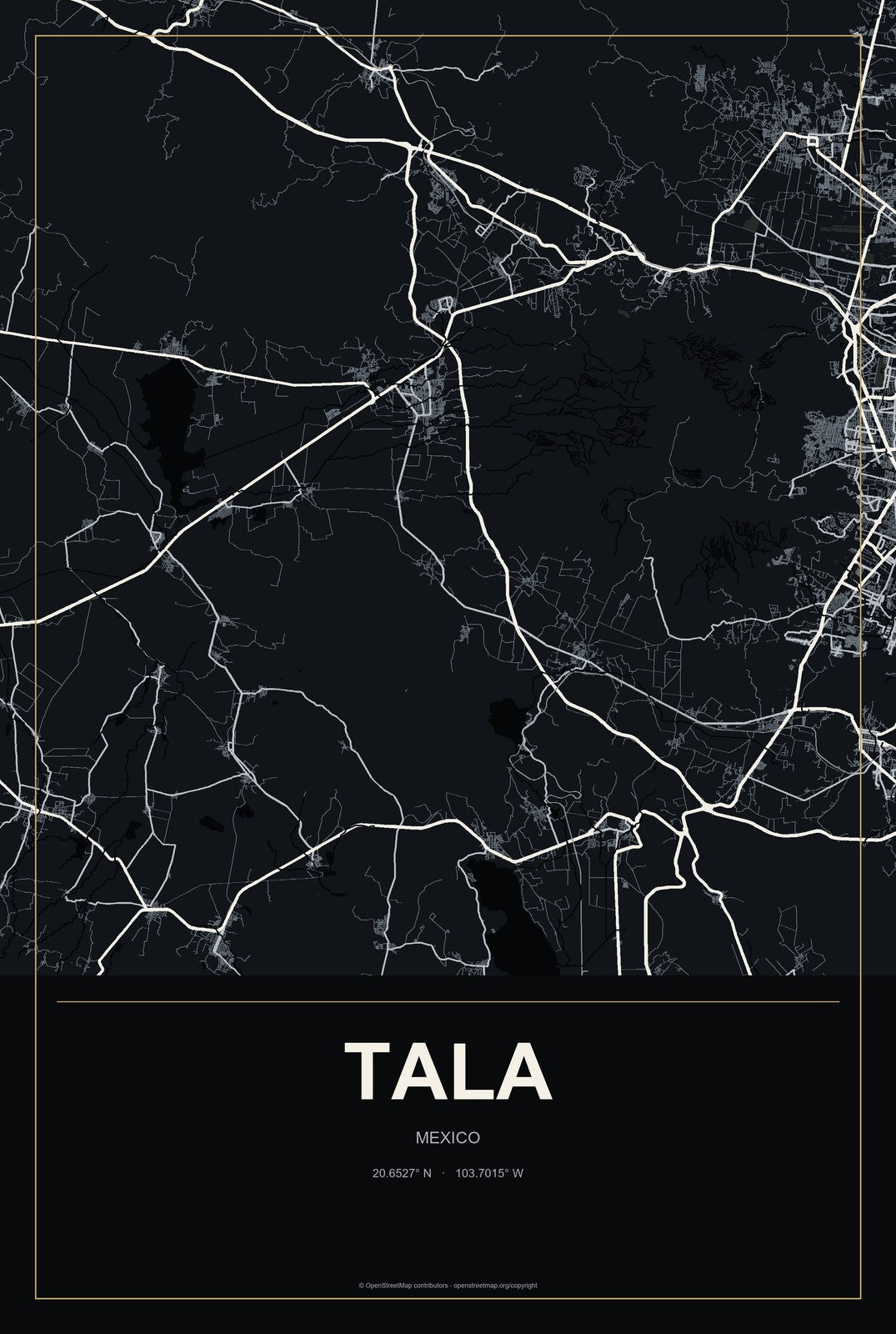 Tala, Mexico City Map Aluminum Sign in Metropolitan Noir style
