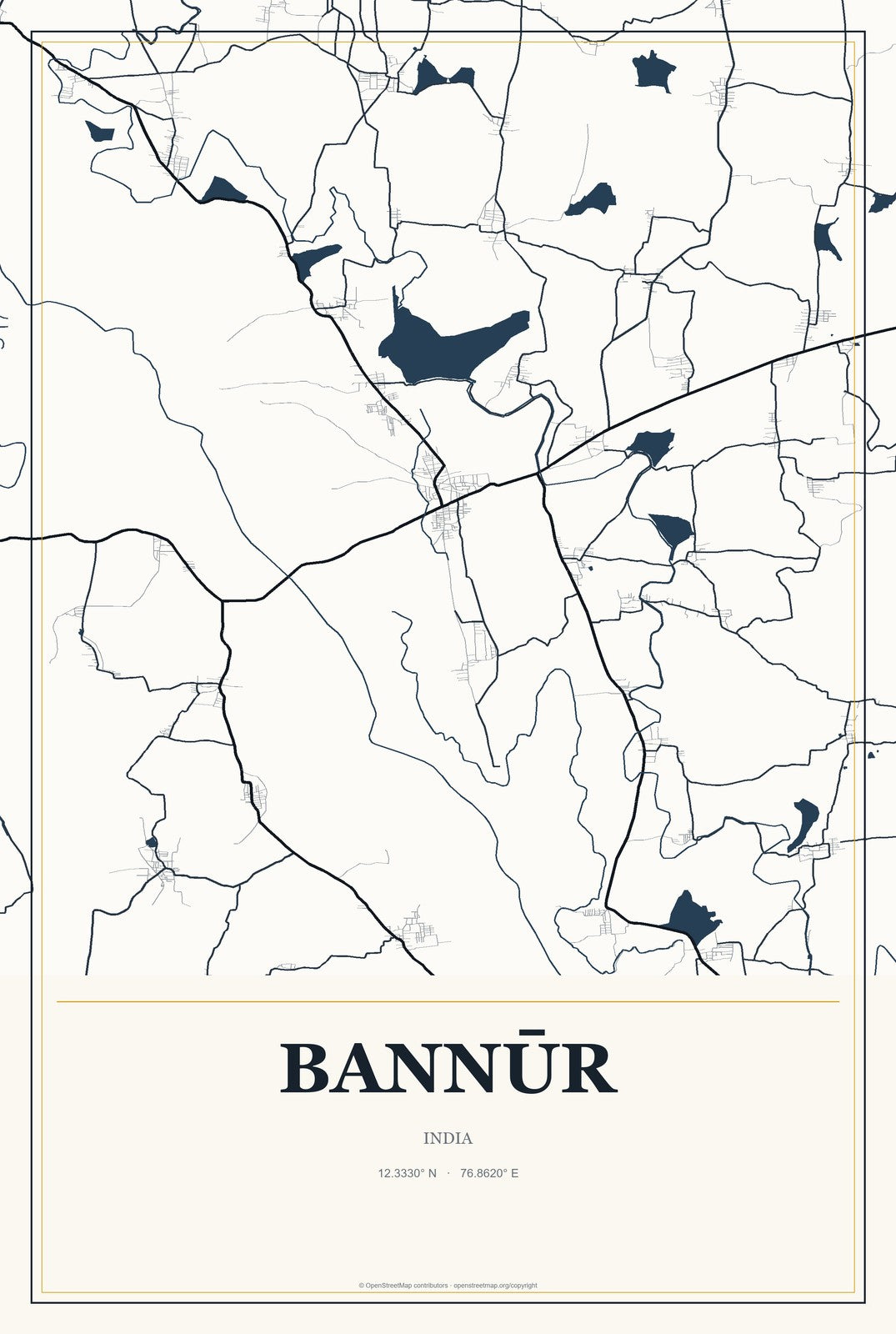 Bannūr, India City Map Aluminum Sign in Citrine Modern style