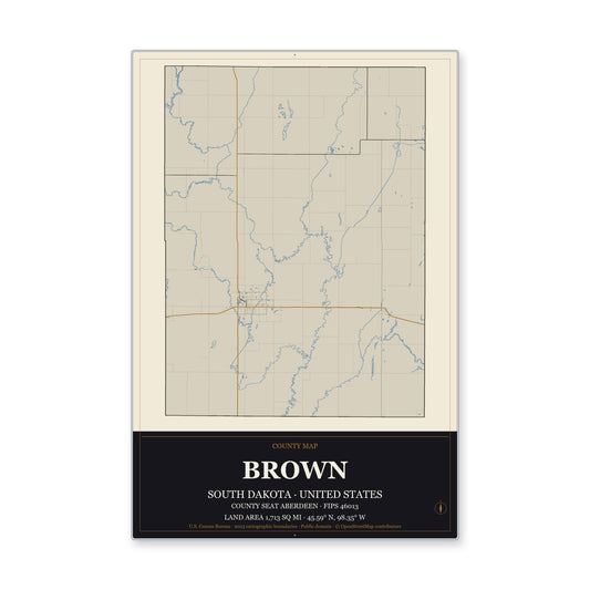 Brown County, South Dakota Map Aluminum Sign in Museum Plaque style