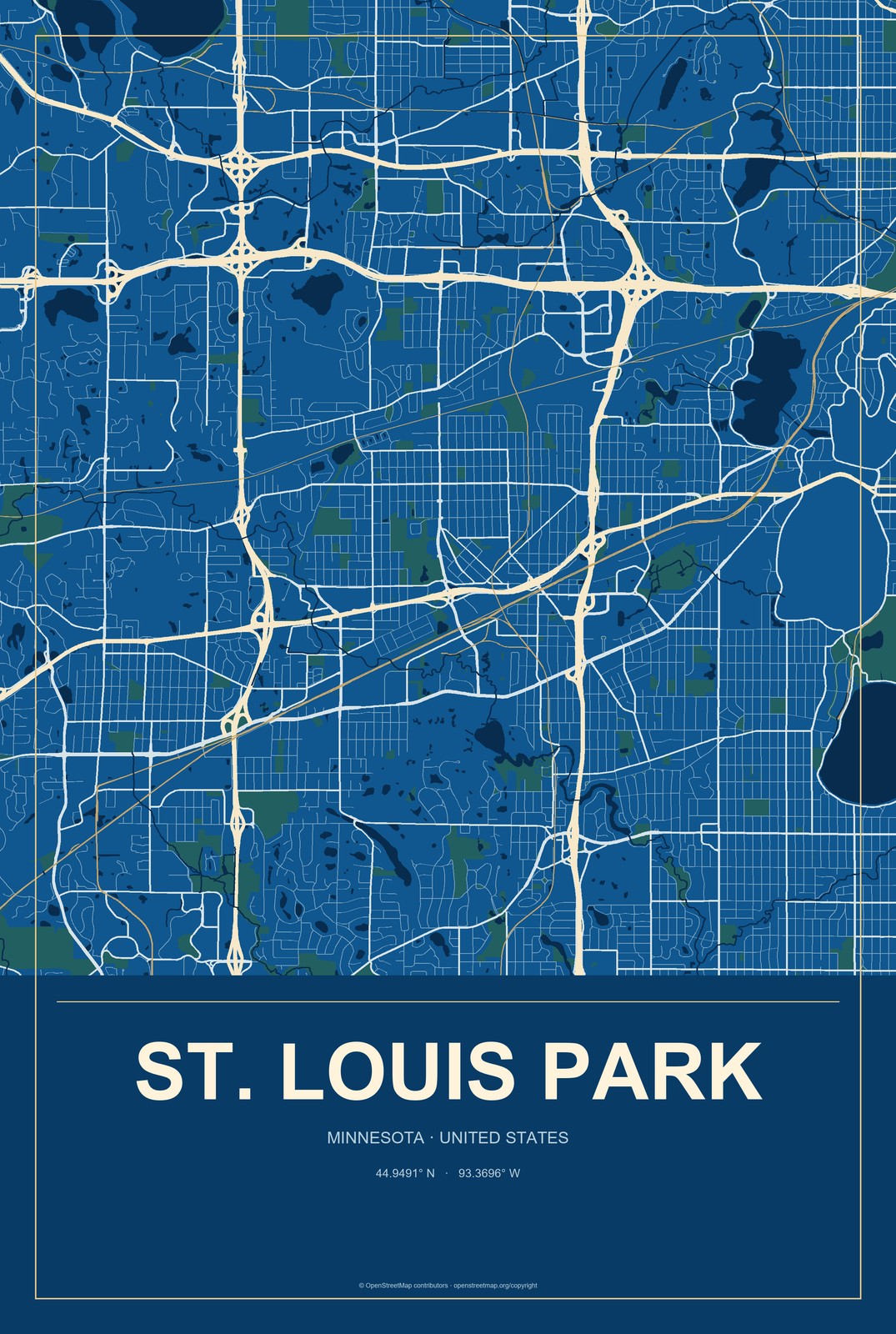St. Louis Park, Minnesota City Map Aluminum Sign in Harbor Cobalt style