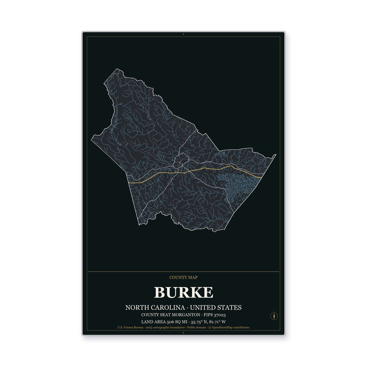Burke County, North Carolina Map Aluminum Sign in Metropolitan Noir style