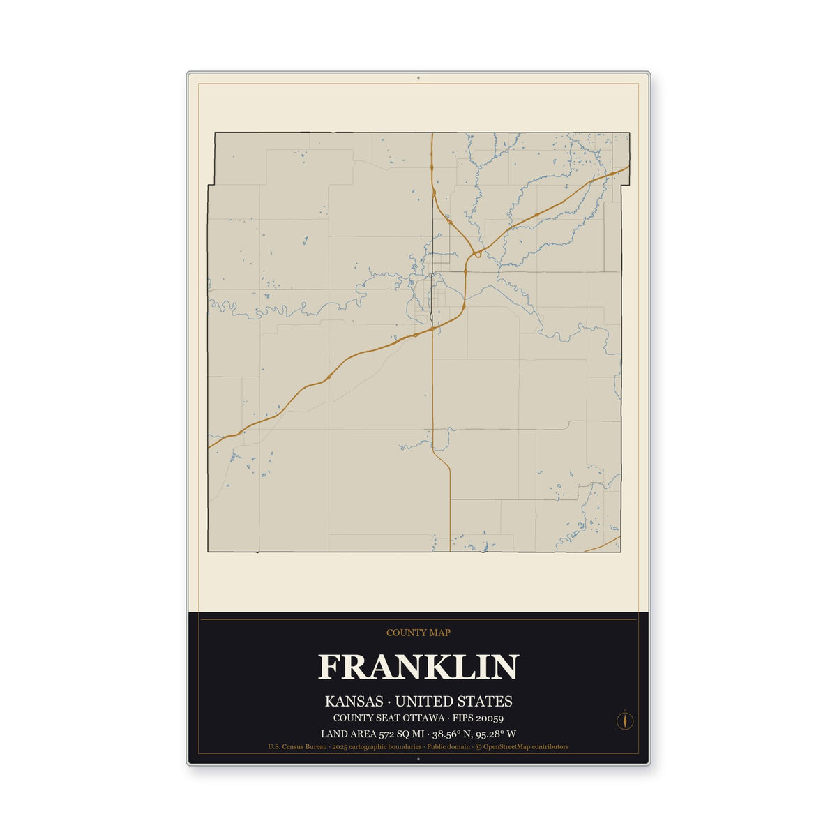Franklin County, Kansas Map Aluminum Sign in Museum Plaque style