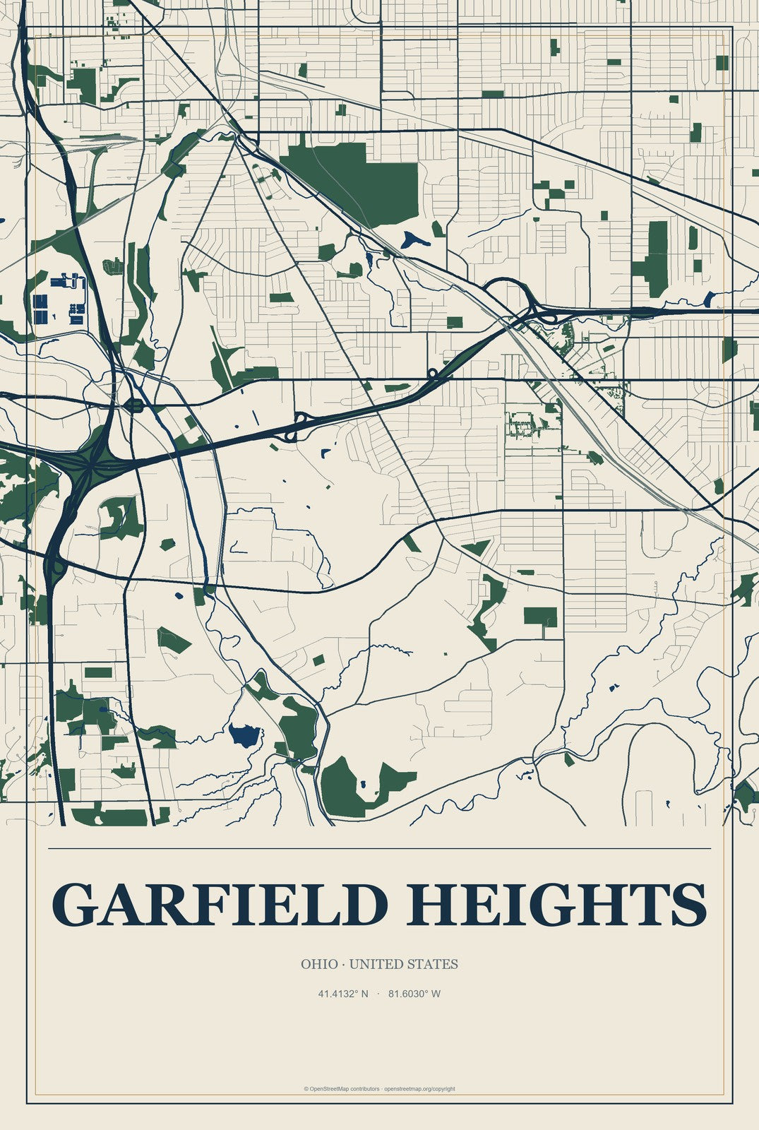 Garfield Heights, Ohio City Map Aluminum Sign in Coastal Cutout style