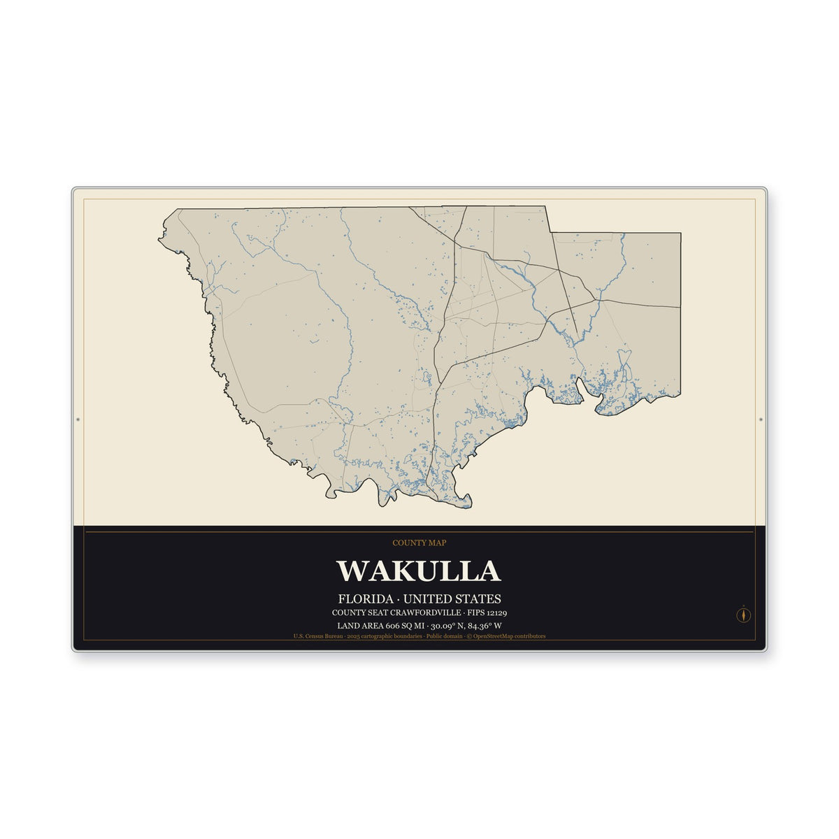 Wakulla County, Florida Map Aluminum Sign in Museum Plaque style