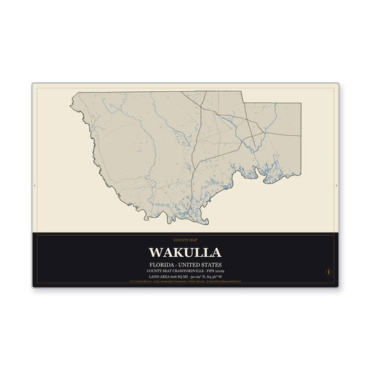 Wakulla County, Florida Map Aluminum Sign in Museum Plaque style