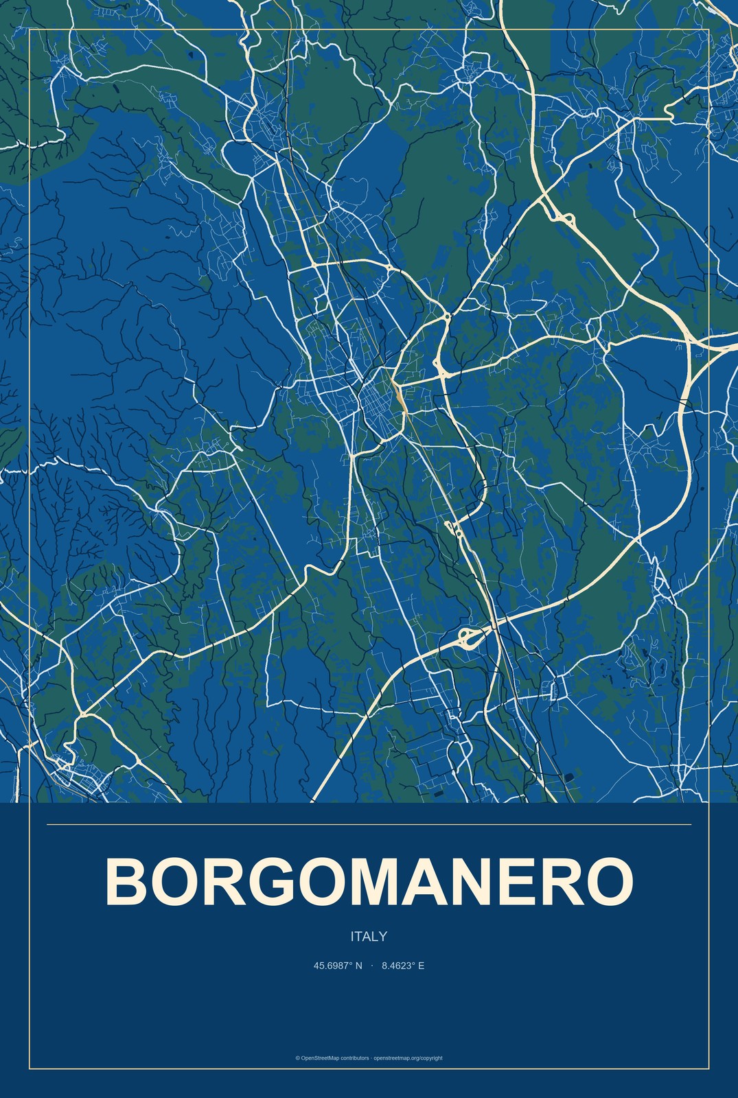 Borgomanero, Italy City Map Aluminum Sign in Harbor Cobalt style