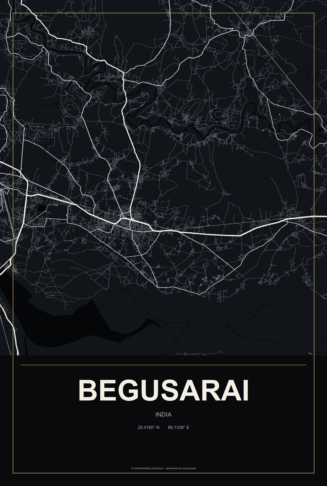 Begusarai, India City Map Aluminum Sign in Metropolitan Noir style