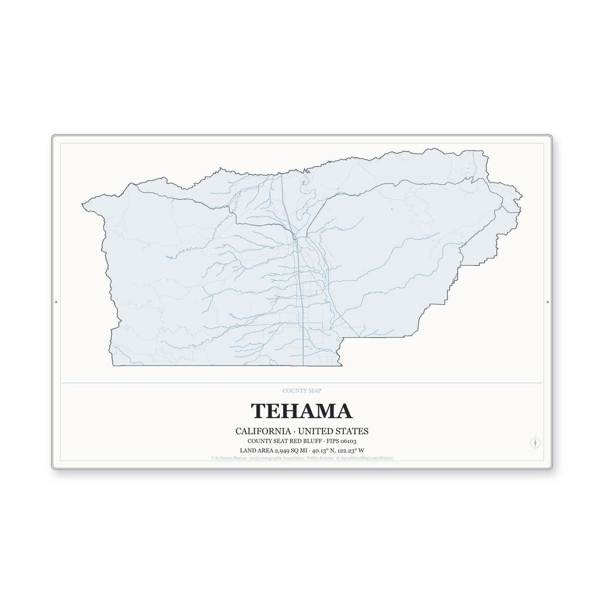 Tehama County, California Map Aluminum Sign in Gallery Air style