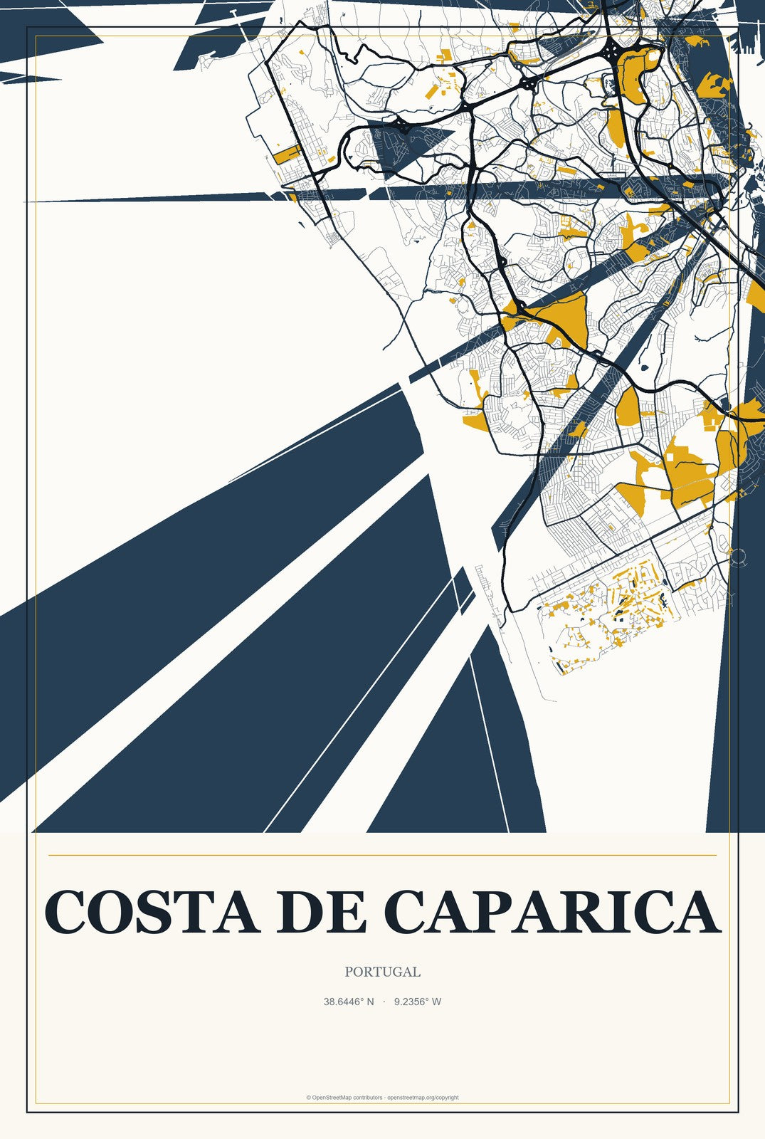 Costa de Caparica, Portugal City Map Aluminum Sign in Citrine Modern style