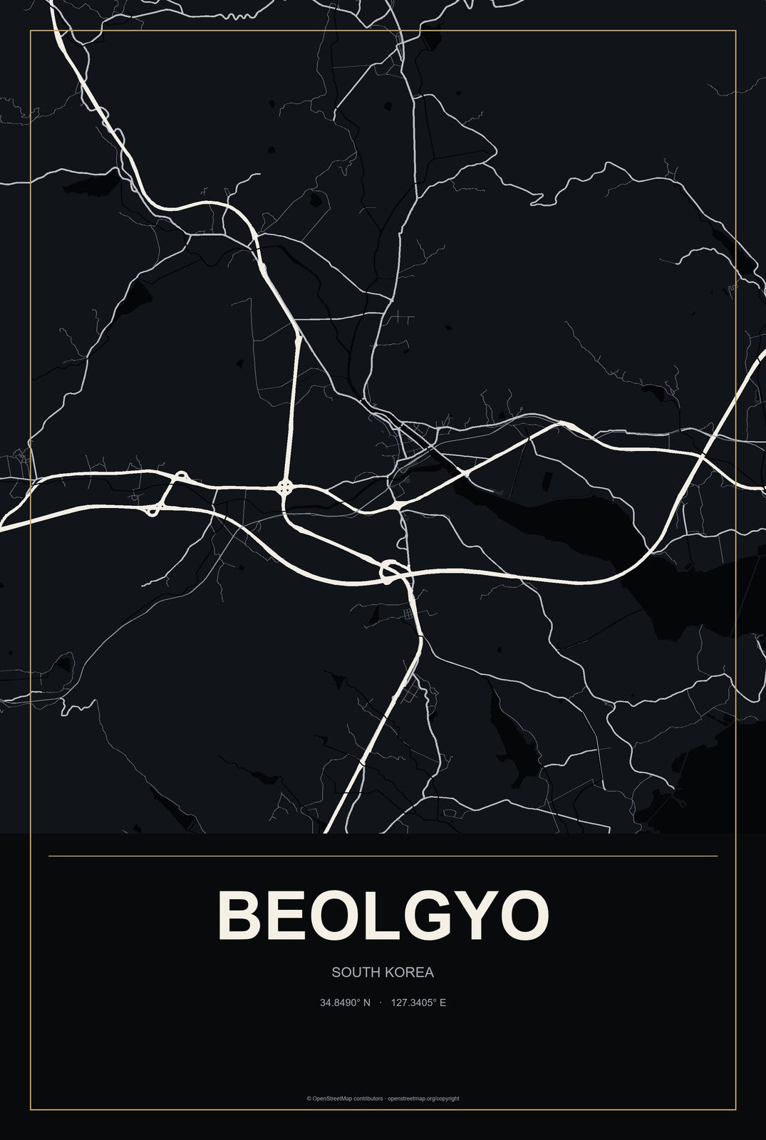 Beolgyo, South Korea City Map Aluminum Sign in Metropolitan Noir style