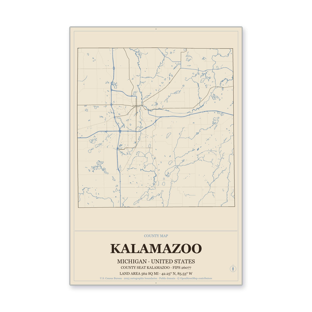Kalamazoo County, Michigan Map Aluminum Sign in Heritage Nautical style