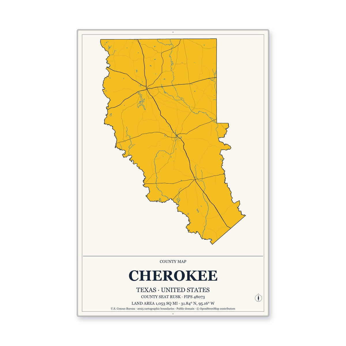 Cherokee County, Texas Map Aluminum Sign in Citrine Modern style