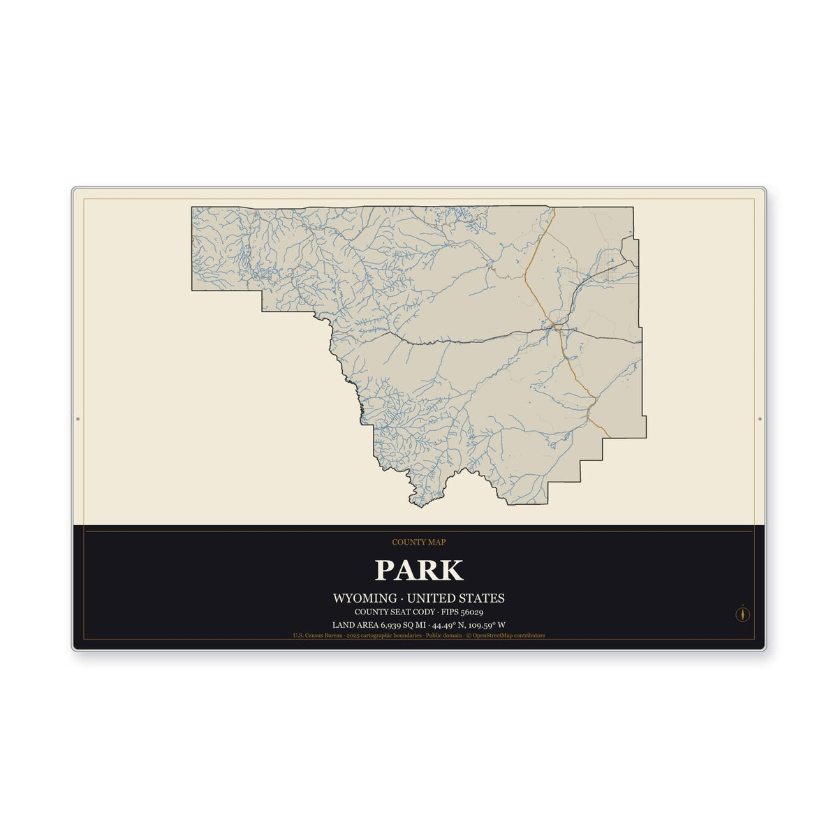 Park County, Wyoming Map Aluminum Sign in Museum Plaque style