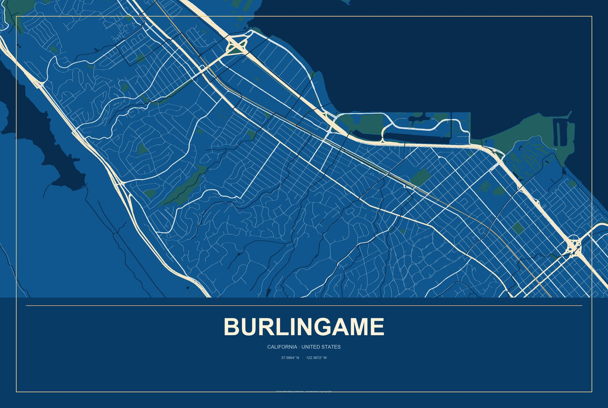 Burlingame, California City Map Aluminum Sign in Harbor Cobalt style