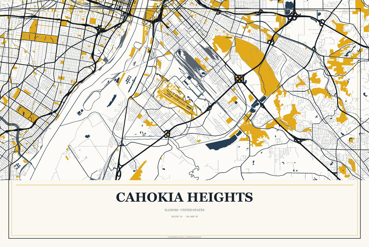 Cahokia Heights, Illinois City Map Aluminum Sign in Citrine Modern style