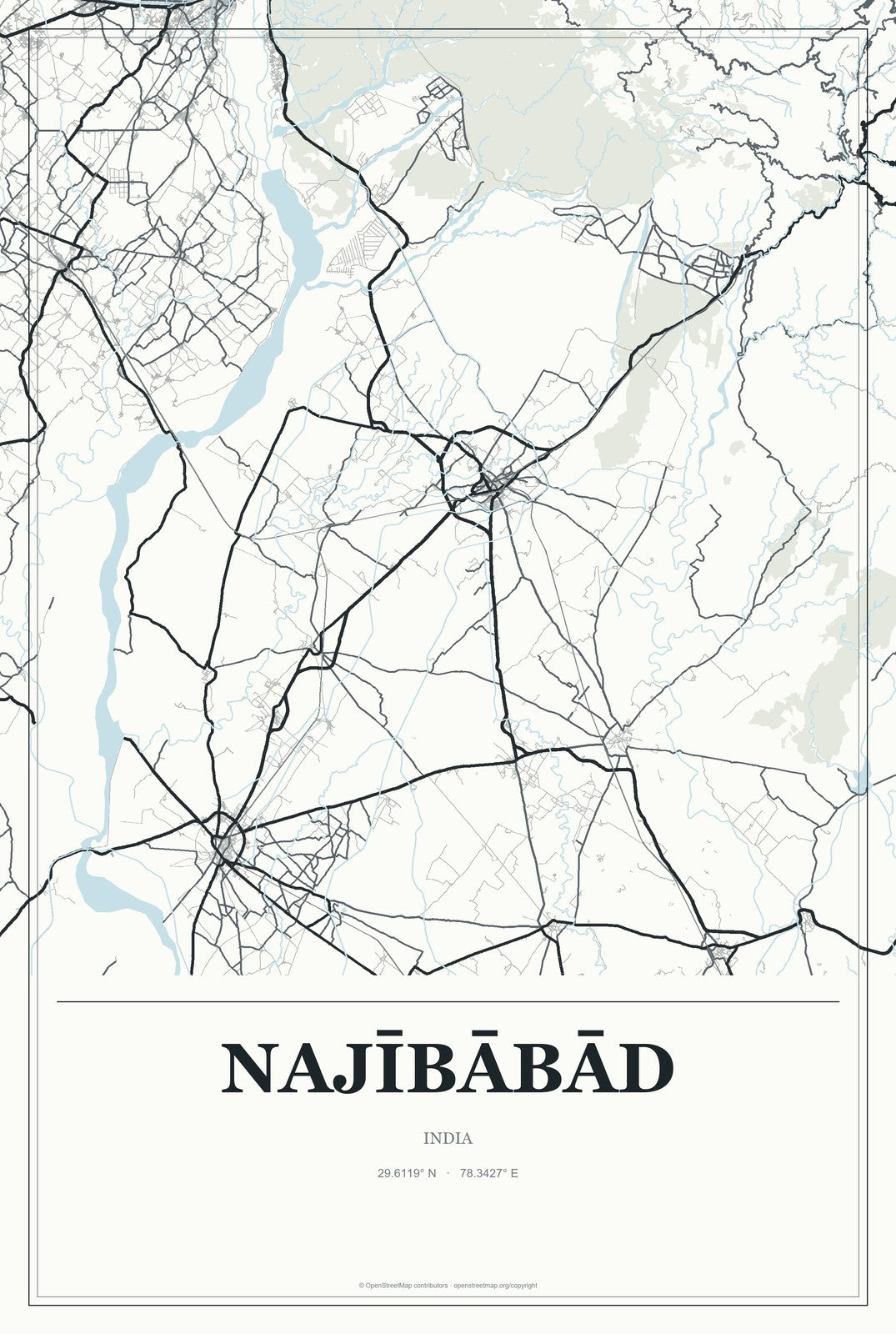 Najībābād, India City Map Aluminum Sign in Gallery Air style
