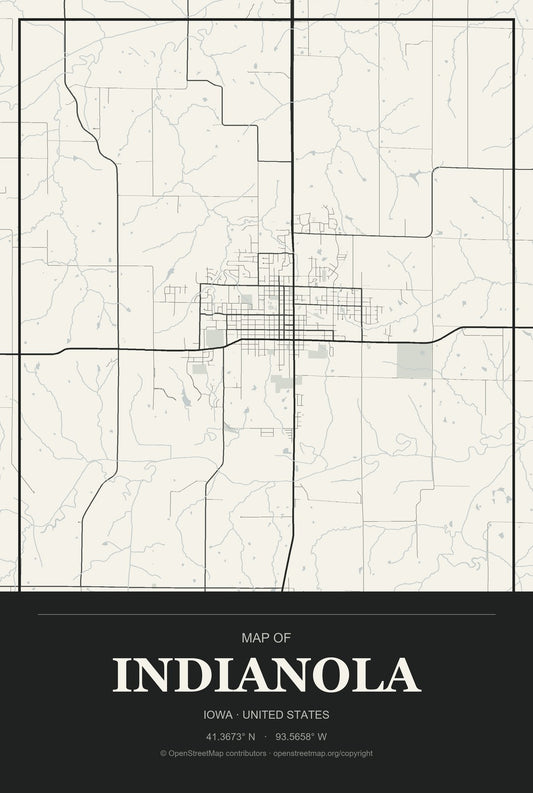 Indianola, Iowa City Map Aluminum Sign in Museum Plaque style