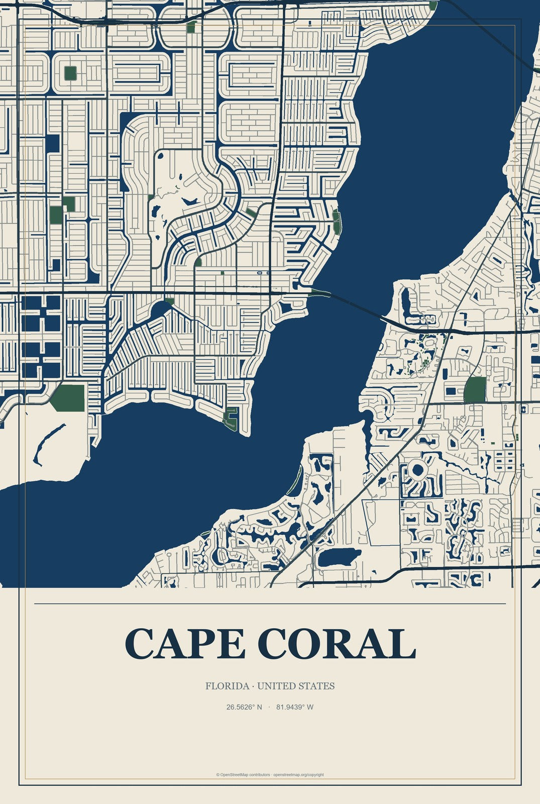 Cape Coral, Florida City Map Aluminum Sign in Coastal Cutout style