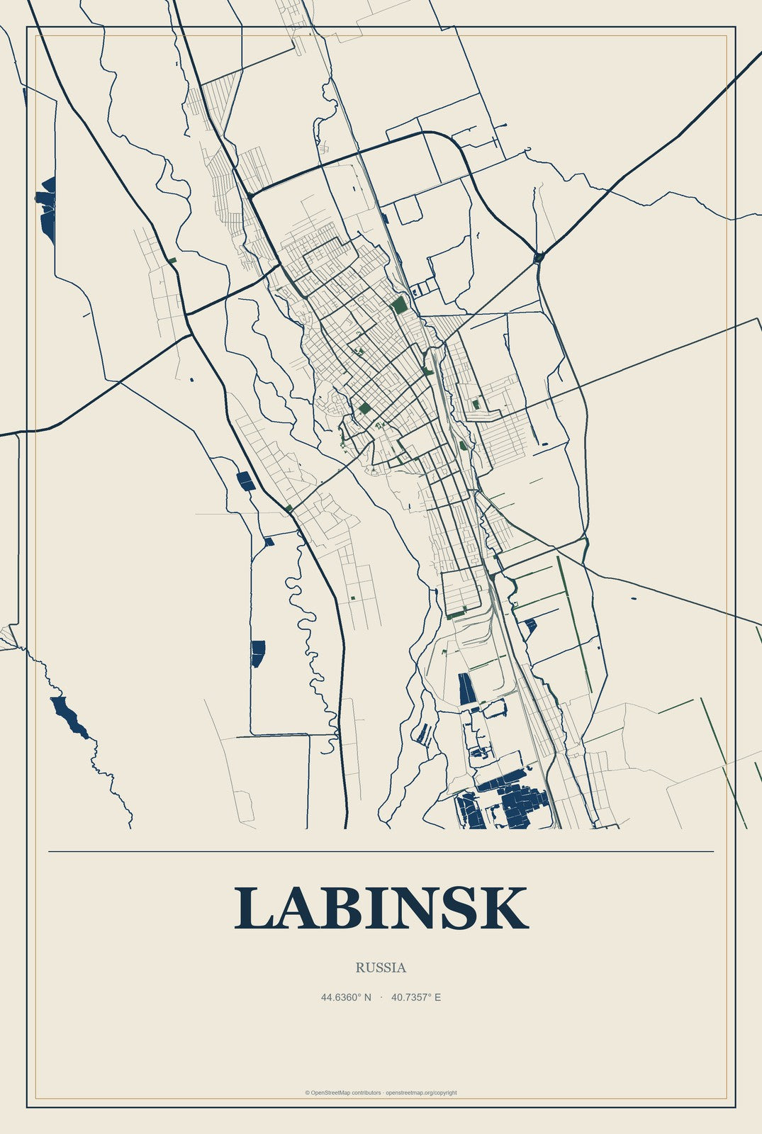 Labinsk, Russia City Map Aluminum Sign in Coastal Cutout style