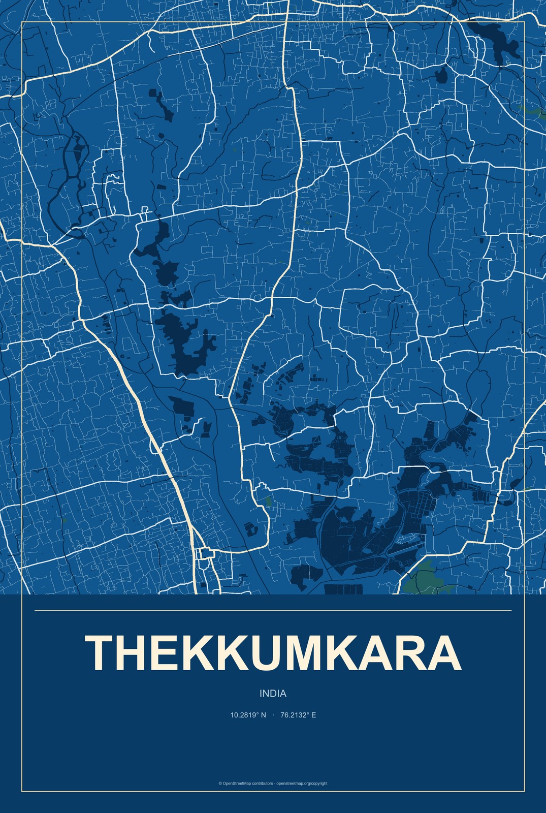 Thekkumkara, India City Map Aluminum Sign in Harbor Cobalt style