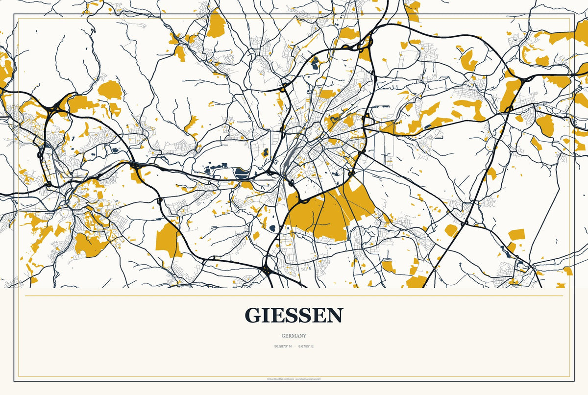 Gießen, Germany City Map Aluminum Sign in Citrine Modern style