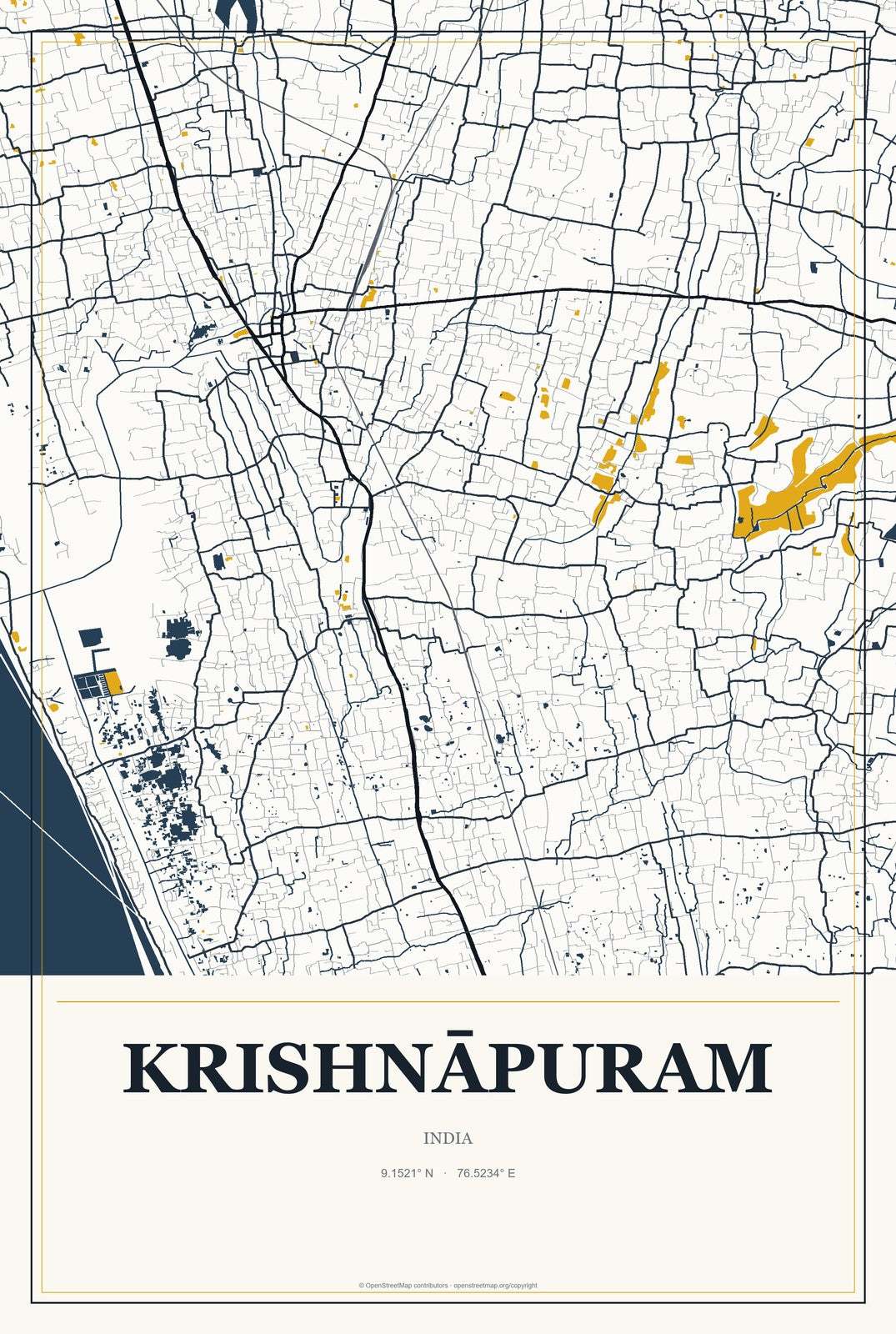 Krishnāpuram, India City Map Aluminum Sign in Citrine Modern style