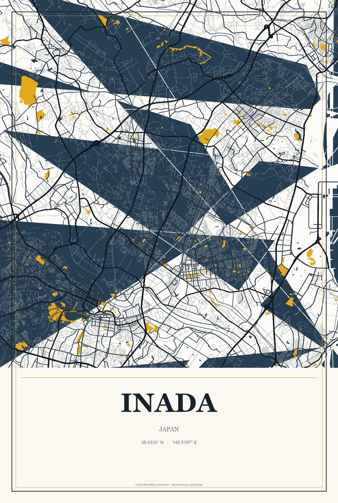 Inada, Japan City Map Aluminum Sign in Citrine Modern style
