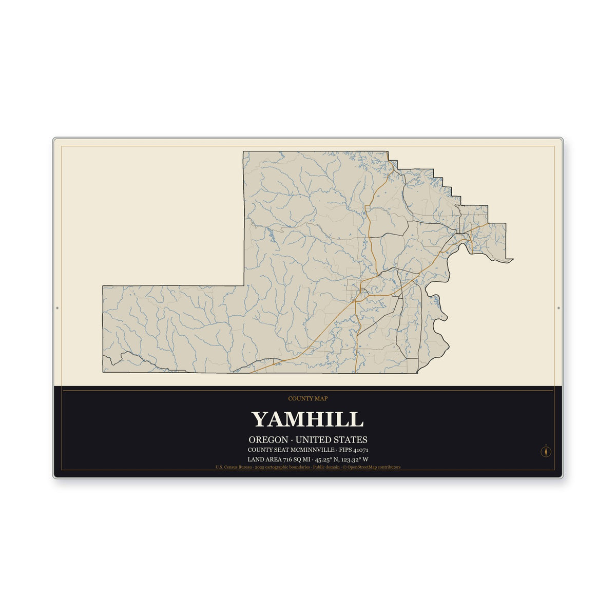 Yamhill County, Oregon Map Aluminum Sign in Museum Plaque style